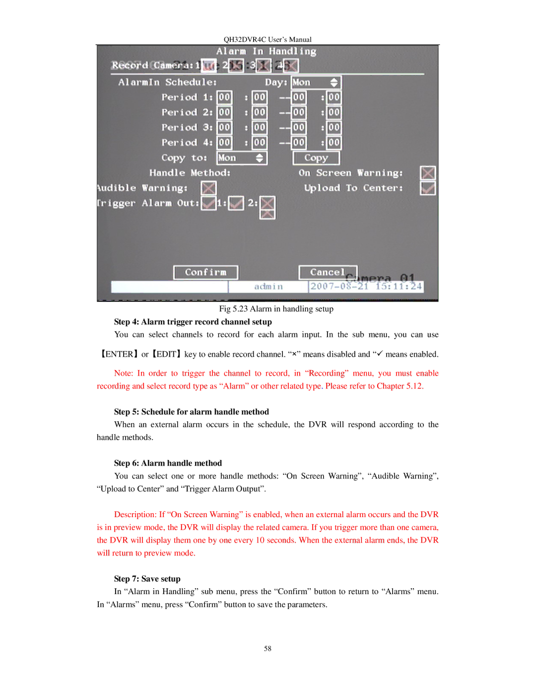 Q-See QH32DVR4C Alarm trigger record channel setup, Schedule for alarm handle method, Alarm handle method, Save setup 