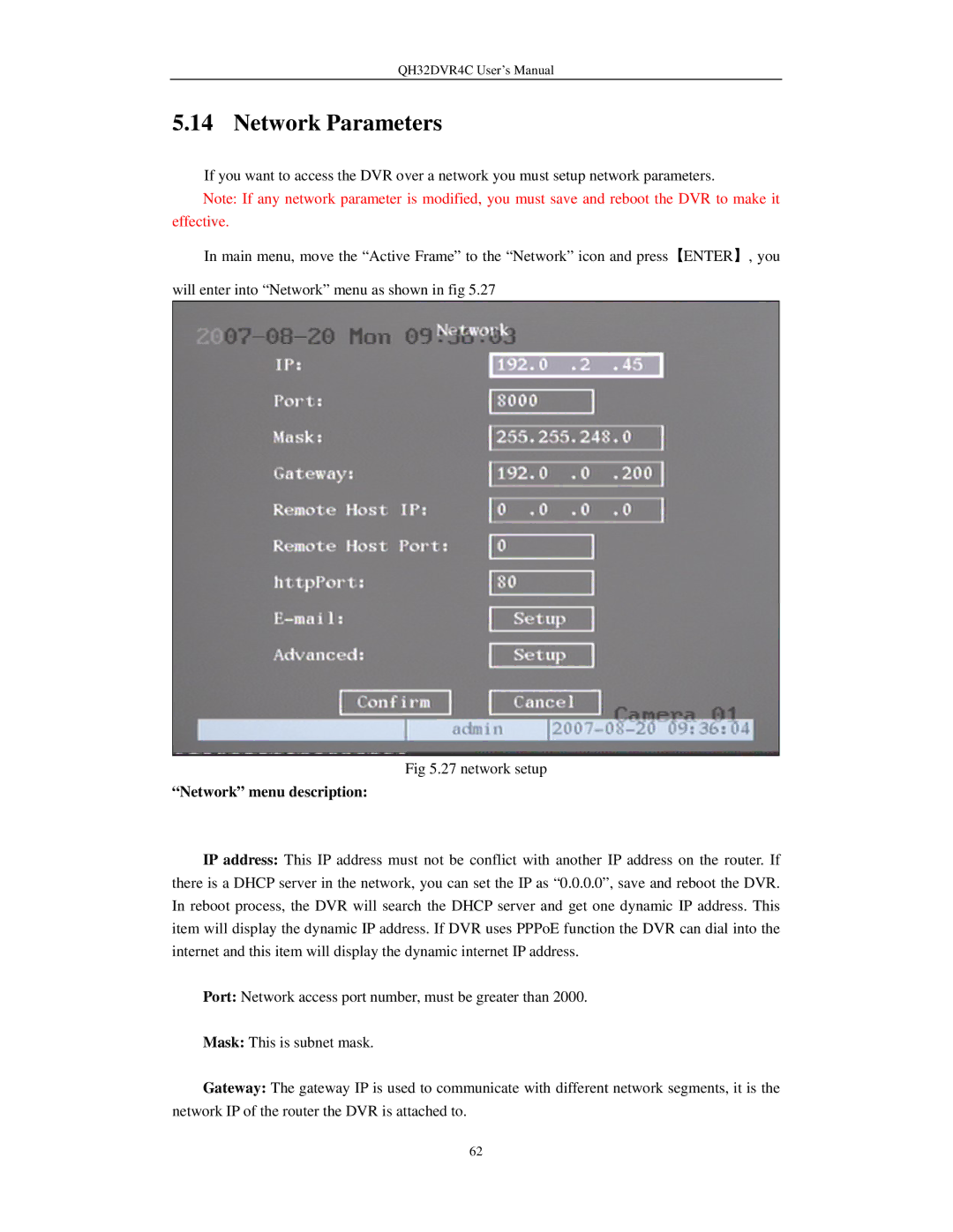 Q-See QH32DVR4C user manual Network Parameters, Network menu description 