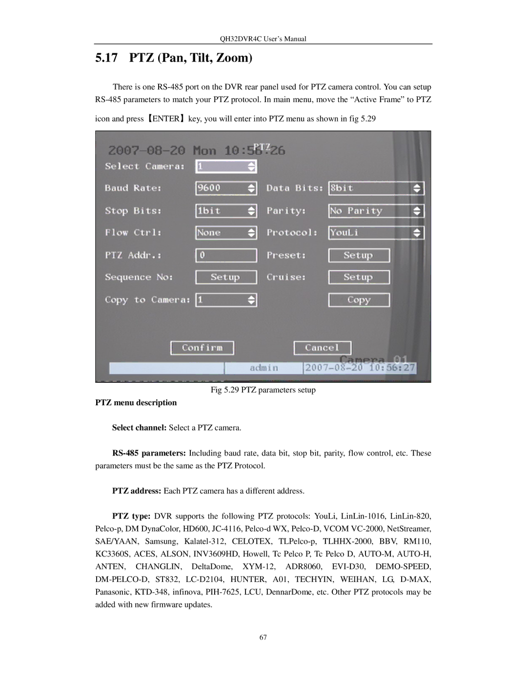 Q-See QH32DVR4C user manual PTZ Pan, Tilt, Zoom, PTZ menu description 