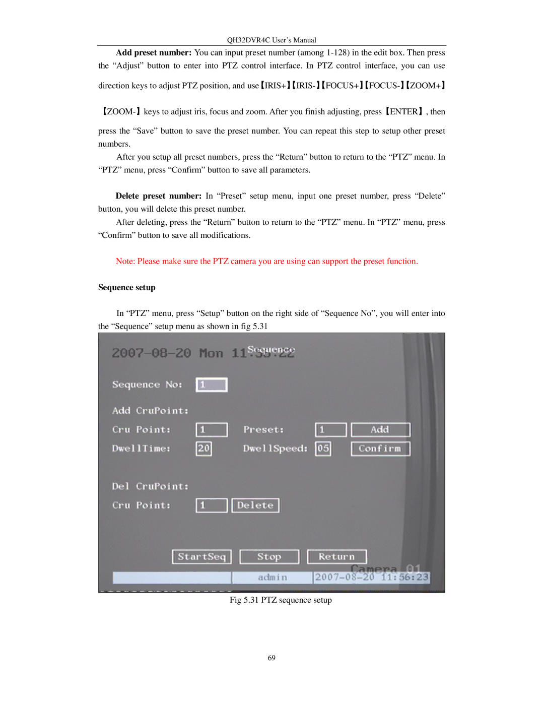 Q-See QH32DVR4C user manual Iris FOCUS+ FOCUS- ZOOM+, Sequence setup 