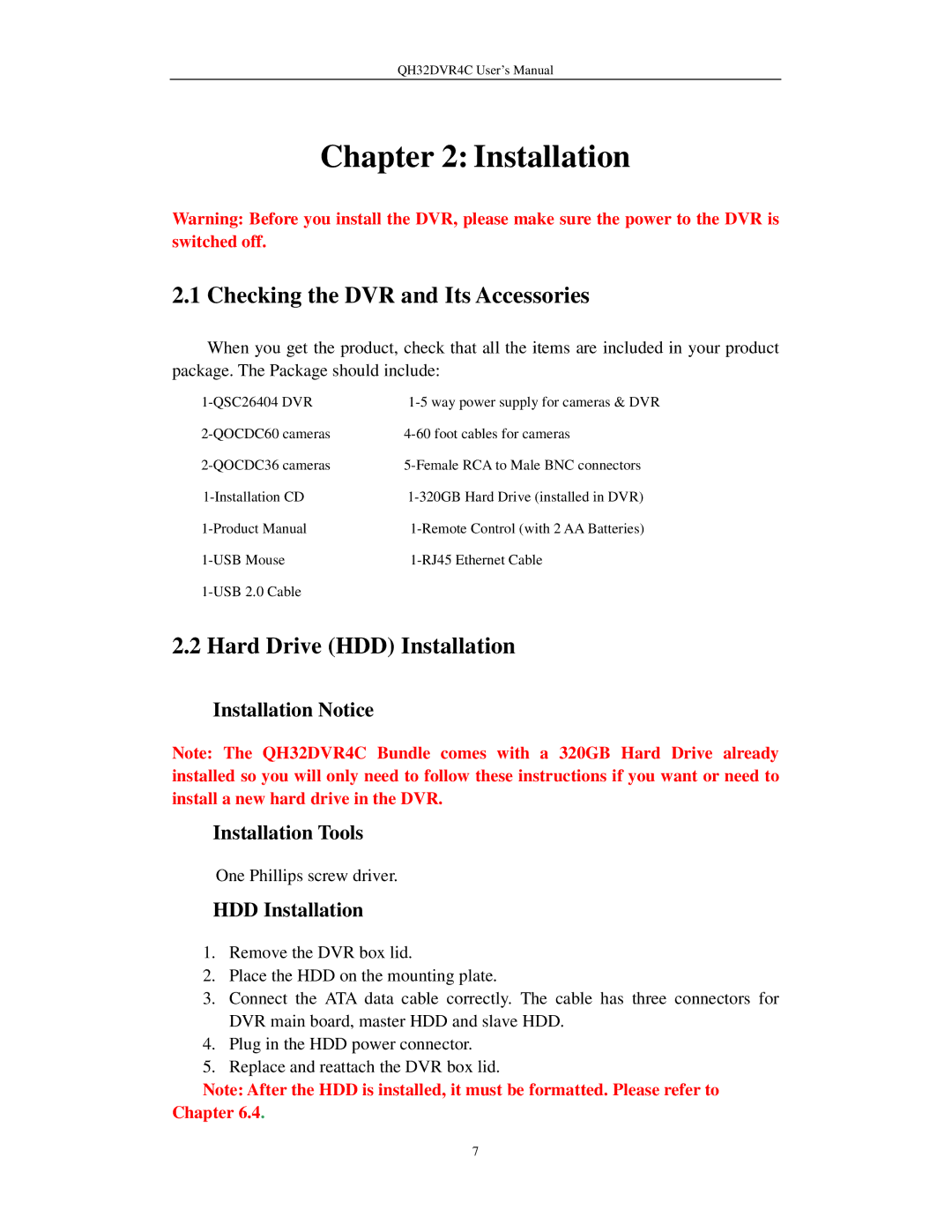 Q-See QH32DVR4C user manual Checking the DVR and Its Accessories, Hard Drive HDD Installation 