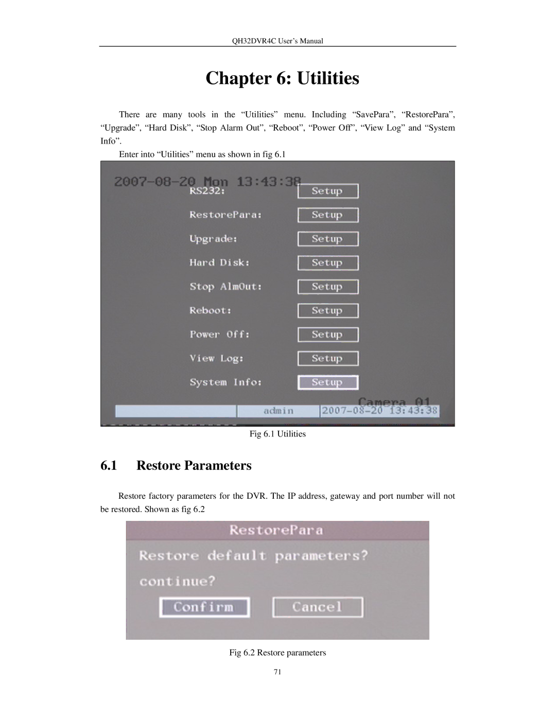 Q-See QH32DVR4C user manual Utilities, Restore Parameters 