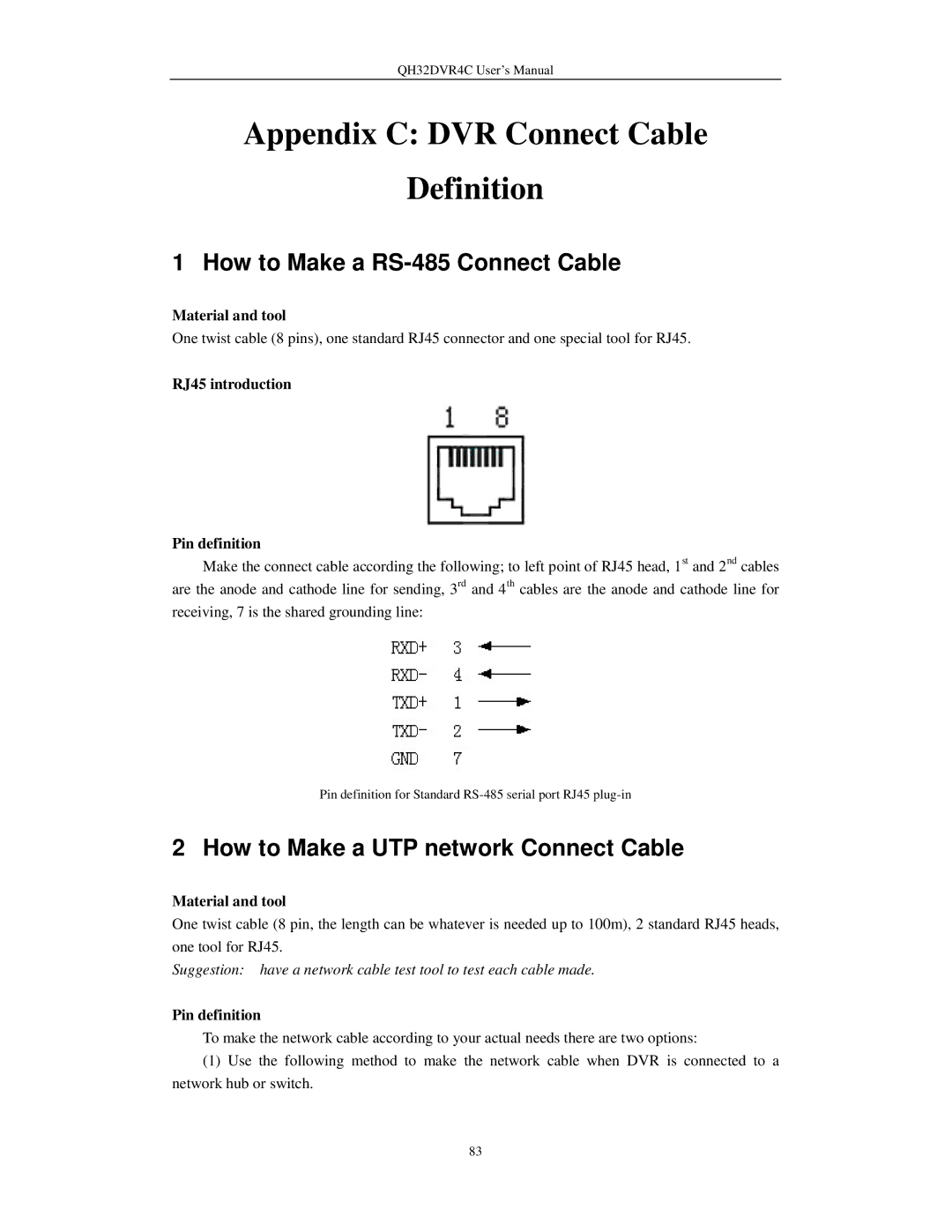 Q-See QH32DVR4C user manual Appendix C DVR Connect Cable Definition, Material and tool, RJ45 introduction Pin definition 