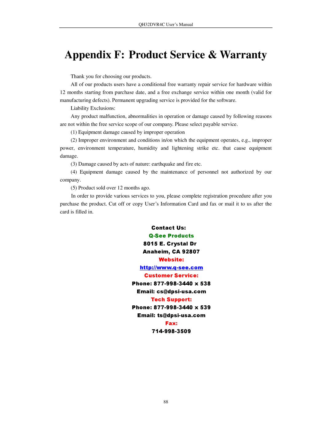 Q-See QH32DVR4C user manual Appendix F Product Service & Warranty 