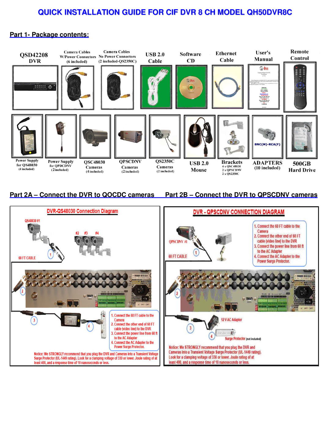 Q-See manual Quick Installation Guide for CIF DVR 8 CH Model QH50DVR8C 