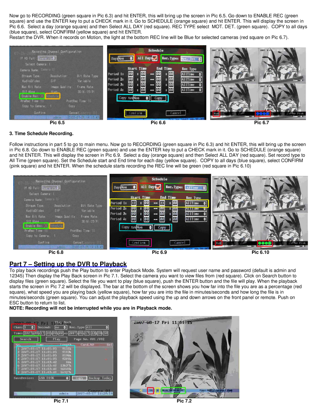 Q-See QH50DVR8C manual Part 7 Setting up the DVR to Playback, Pic Time Schedule Recording 