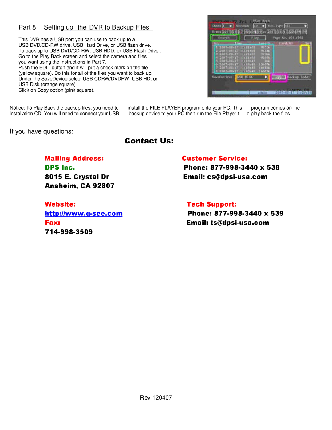 Q-See QH50DVR8C manual Part 8 Setting up the DVR to Backup Files, If you have questions, Rev 