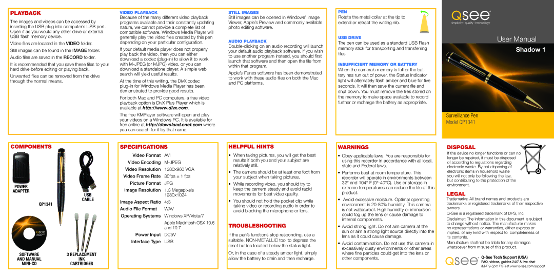 Q-See QP1341 specifications Playback, Components, Specifications, Helpful Hints, Troubleshooting, Disposal, Legal 