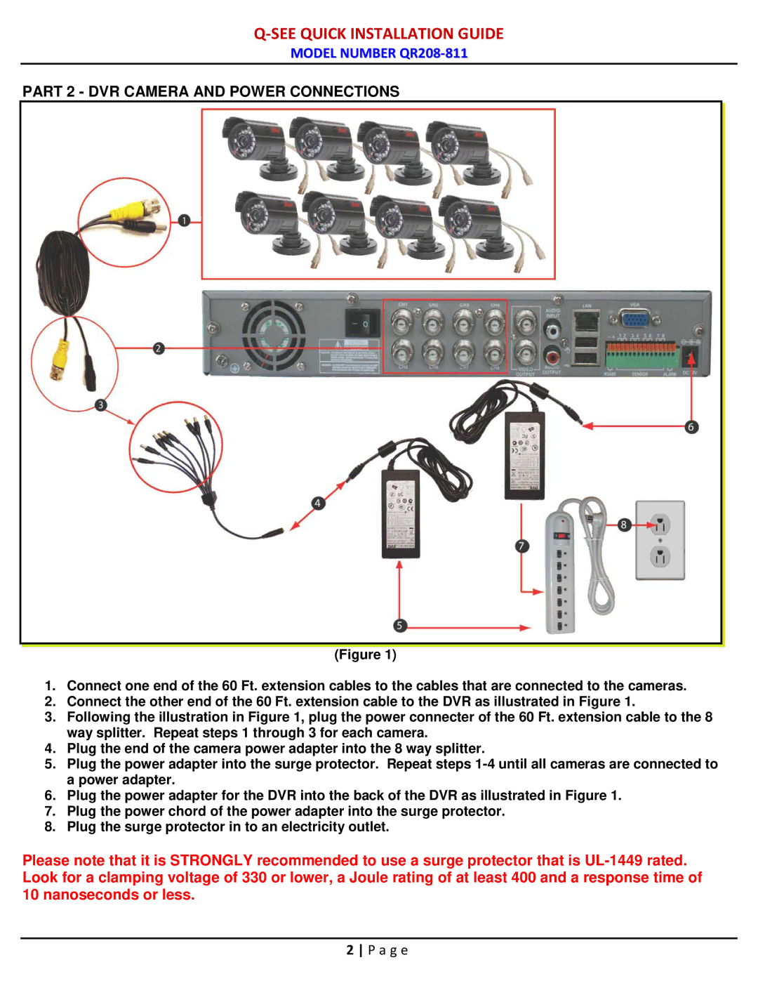 Q-See QR208-811 manual Part 2 DVR Camera and Power Connections 