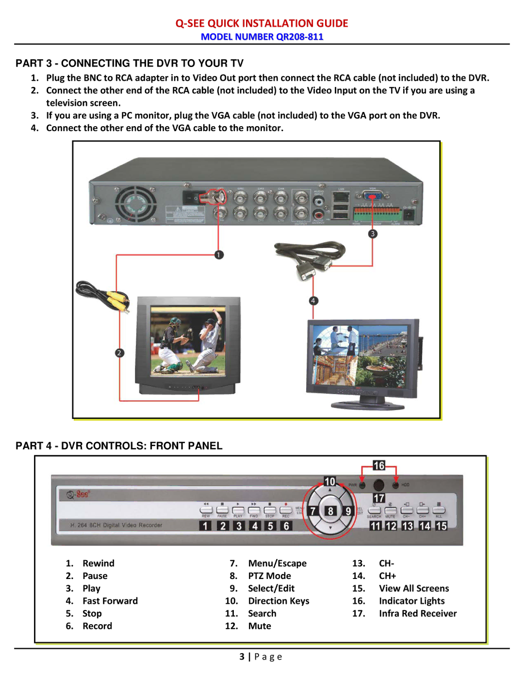 Q-See QR208-811 manual Part 3 Connecting the DVR to Your TV, Part 4 DVR Controls Front Panel 