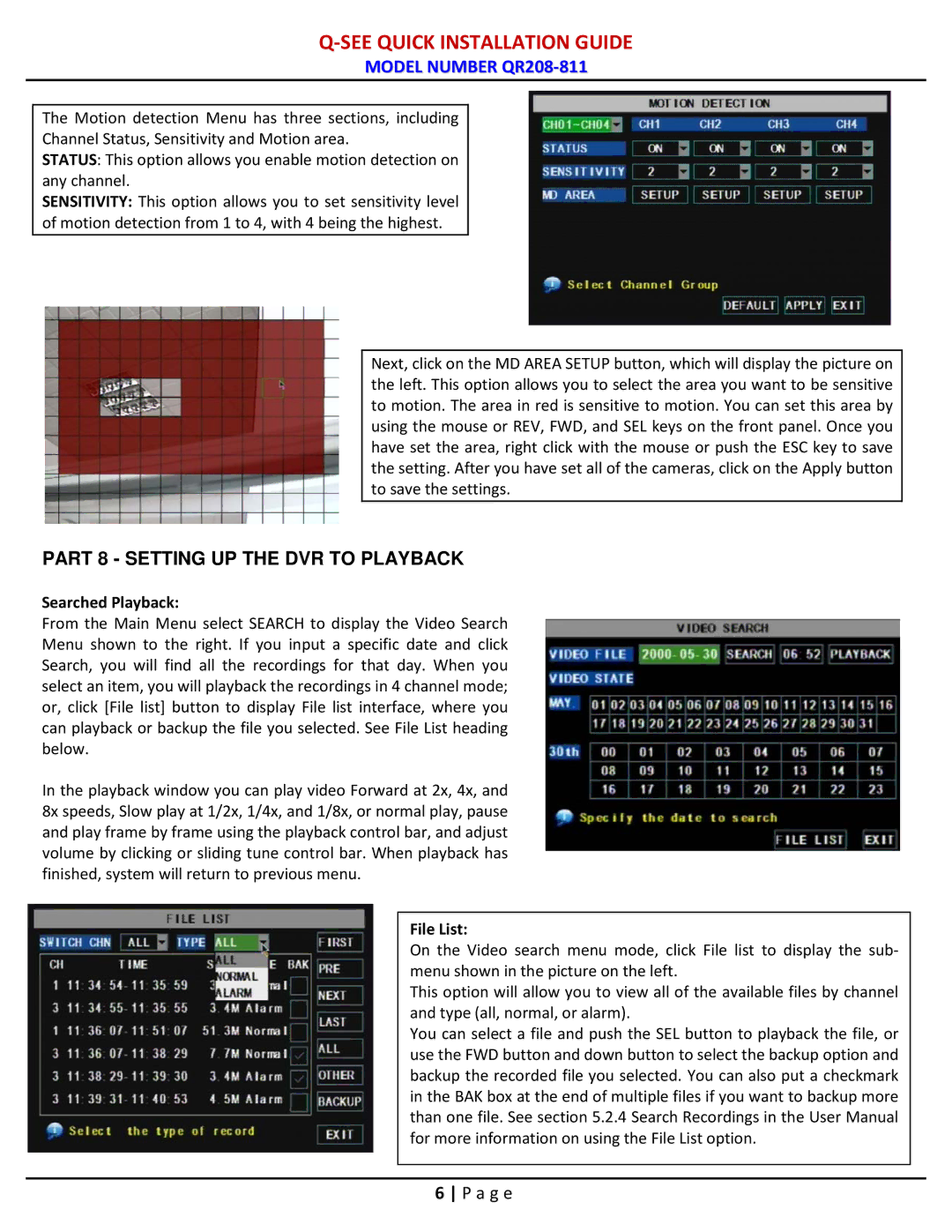 Q-See QR208-811 manual Part 8 Setting UP the DVR to Playback, Searched Playback, File List 