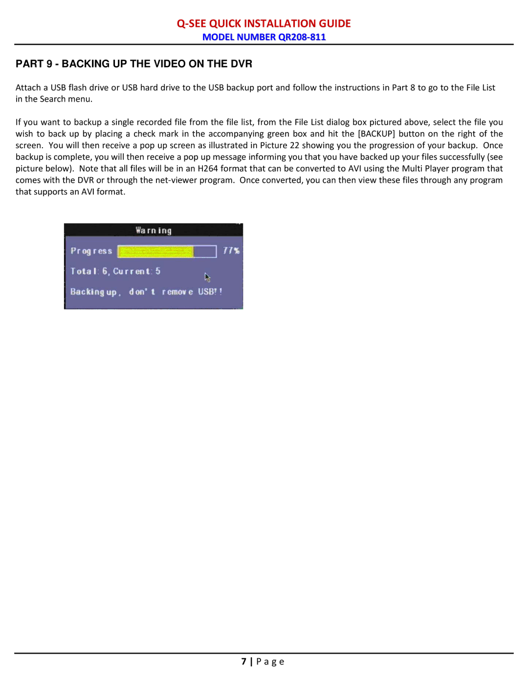 Q-See QR208-811 manual Part 9 Backing UP the Video on the DVR 