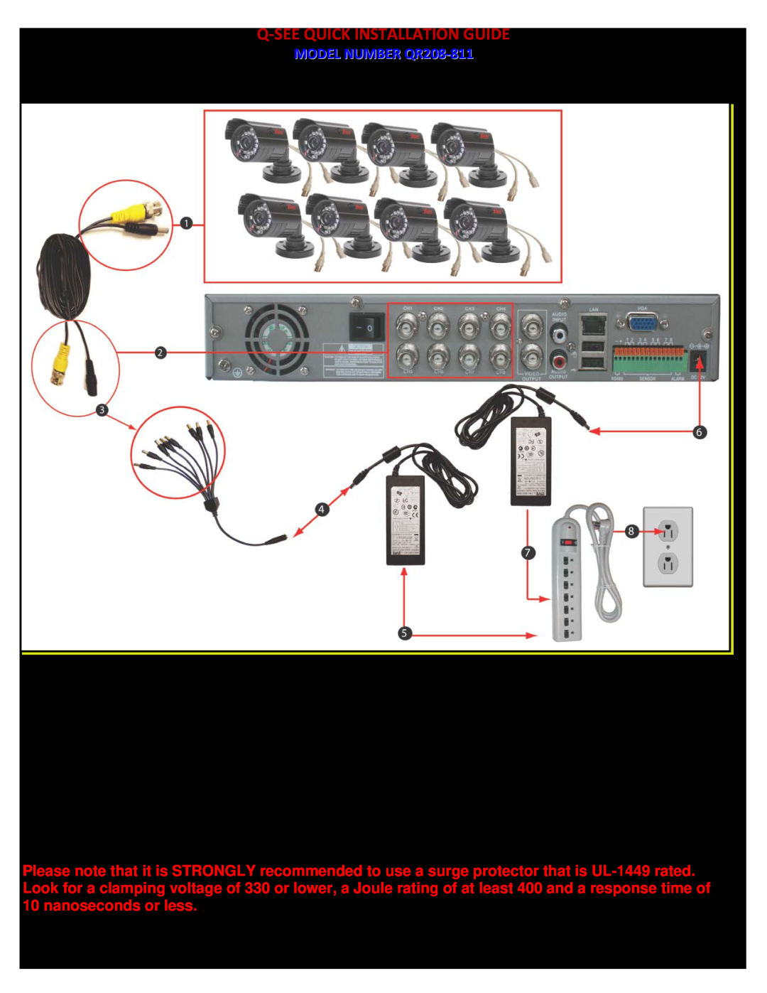 Q-See manual PART 2 - DVR CAMERA AND POWER CONNECTIONS, P a g e, Q-Seequick Installation Guide, MODEL NUMBER QR208-811 