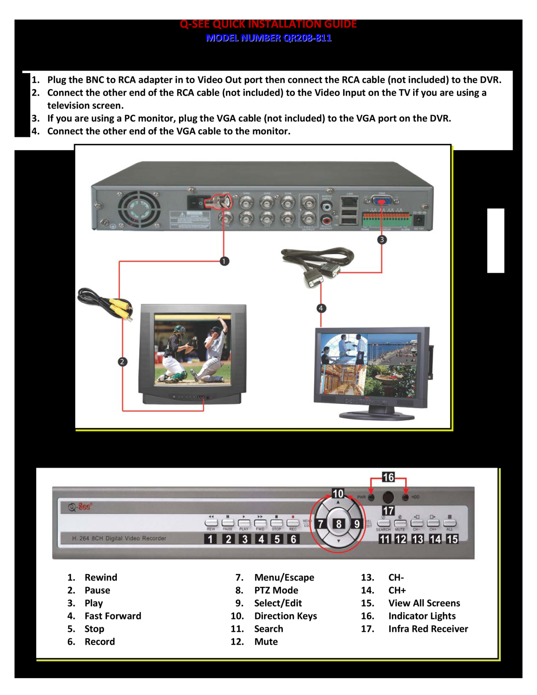 Q-See QR208-811 PART 3 - CONNECTING THE DVR TO YOUR TV, PART 4 - DVR CONTROLS FRONT PANEL, Q-Seequick Installation Guide 