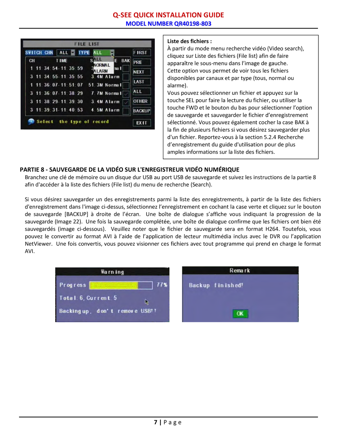 Q-See QR40198-803 manual Liste des fichiers 