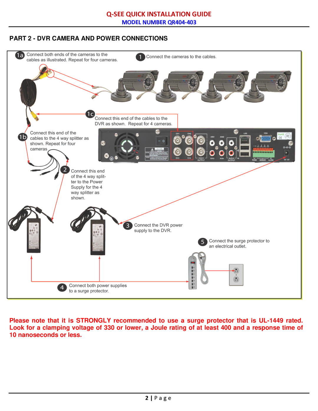 Q-See QR404-403 manual Part 2 DVR Camera and Power Connections 