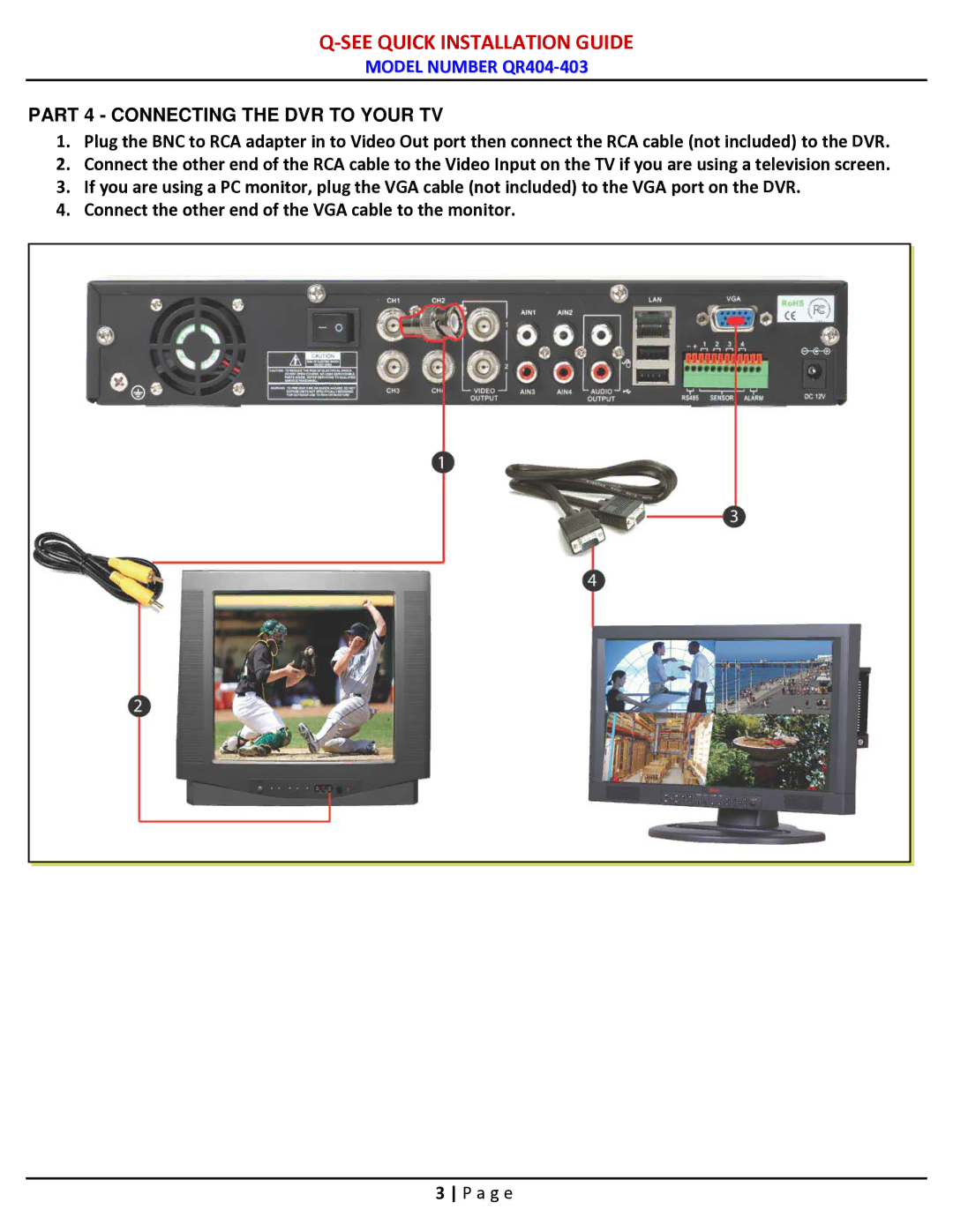 Q-See QR404-403 manual Part 4 Connecting the DVR to Your TV 