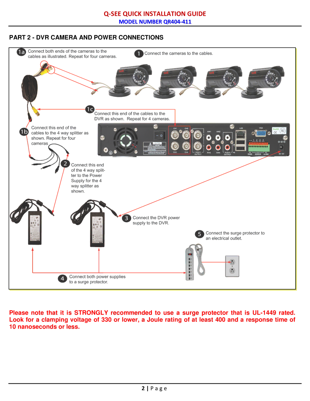 Q-See qr404-411 manual Part 2 DVR Camera and Power Connections 