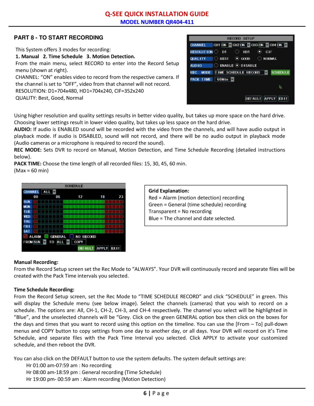 Q-See qr404-411 Manual 2. Time Schedule 3. Motion Detection, Grid Explanation, Manual Recording, Time Schedule Recording 