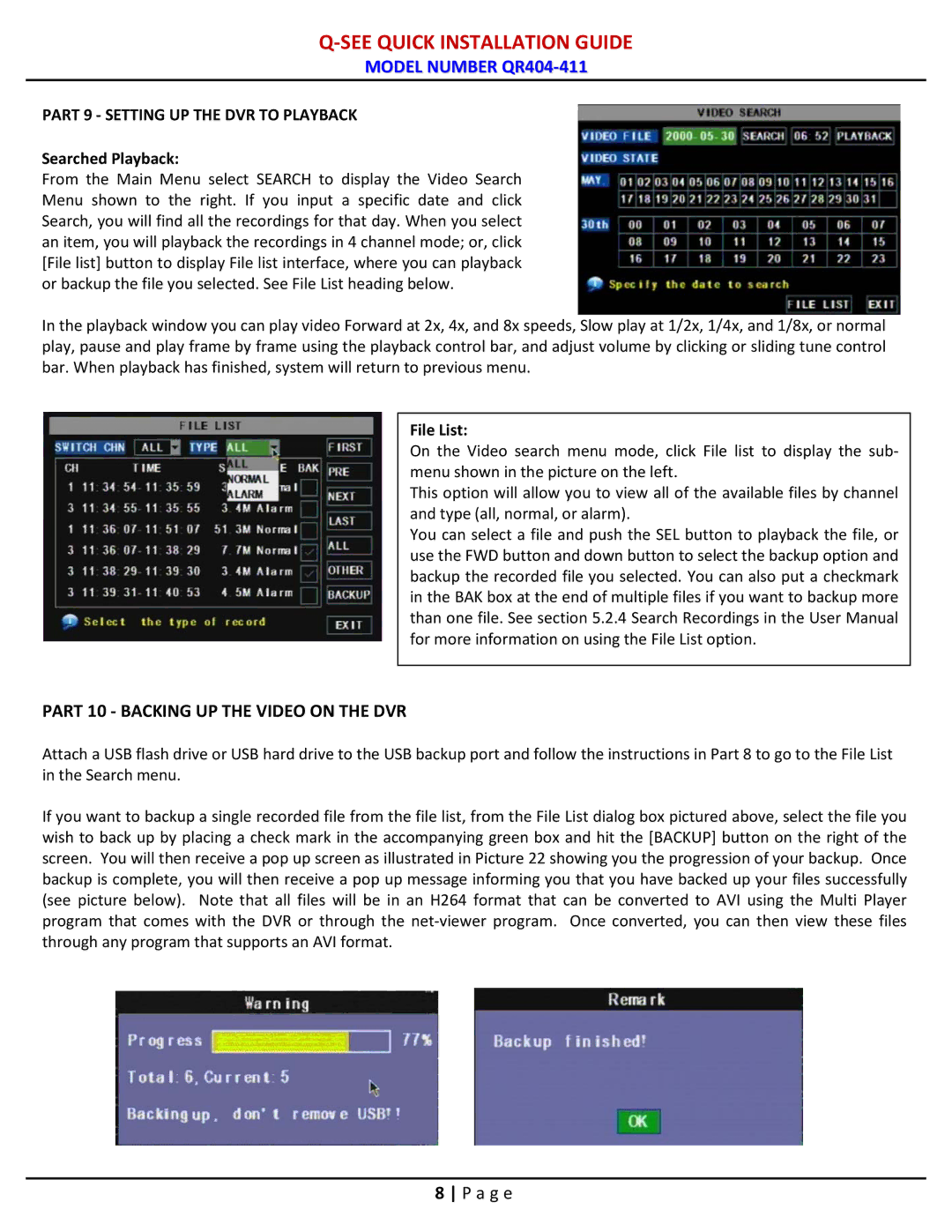 Q-See qr404-411 manual Searched Playback, File List 