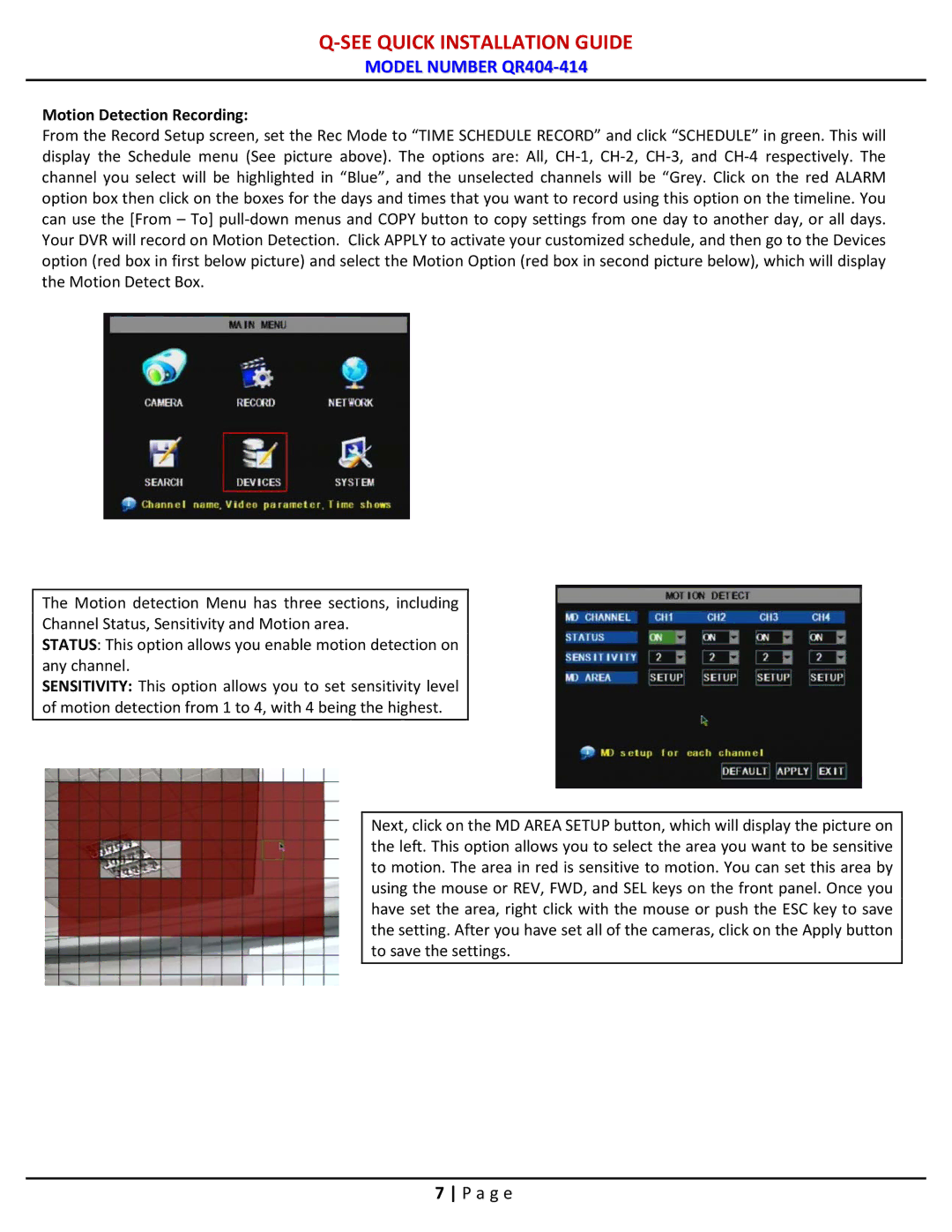 Q-See qr404-414 manual Motion Detection Recording 