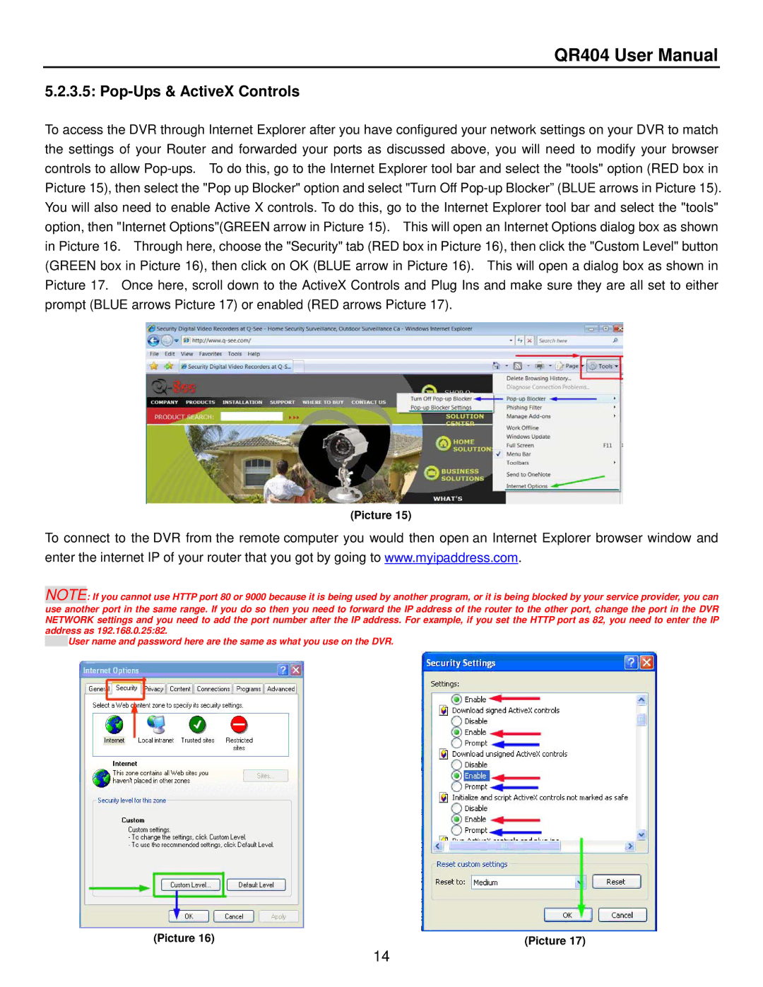 Q-See QR404 user manual Pop-Ups & ActiveX Controls 