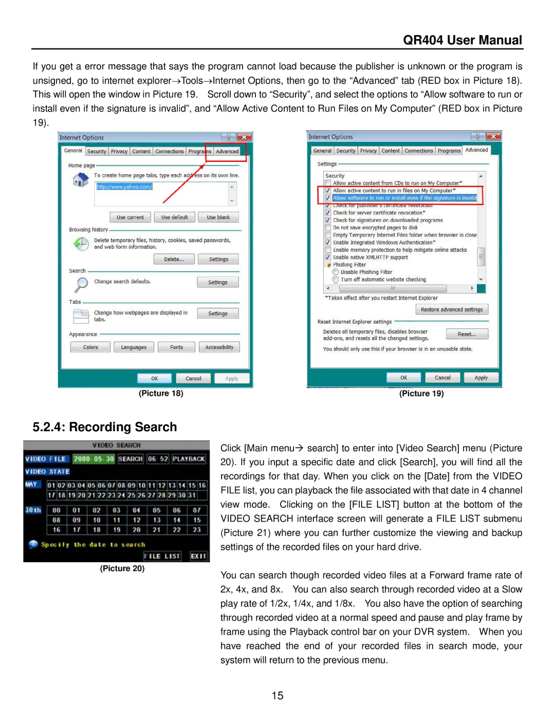 Q-See QR404 user manual Recording Search 