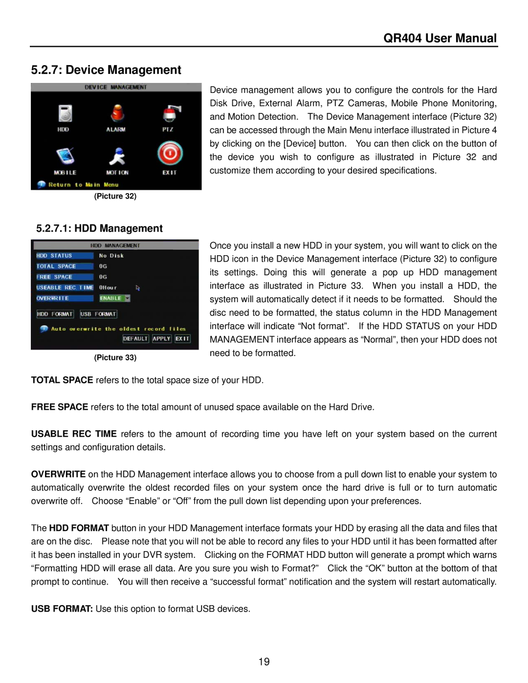 Q-See QR404 user manual Device Management, HDD Management 