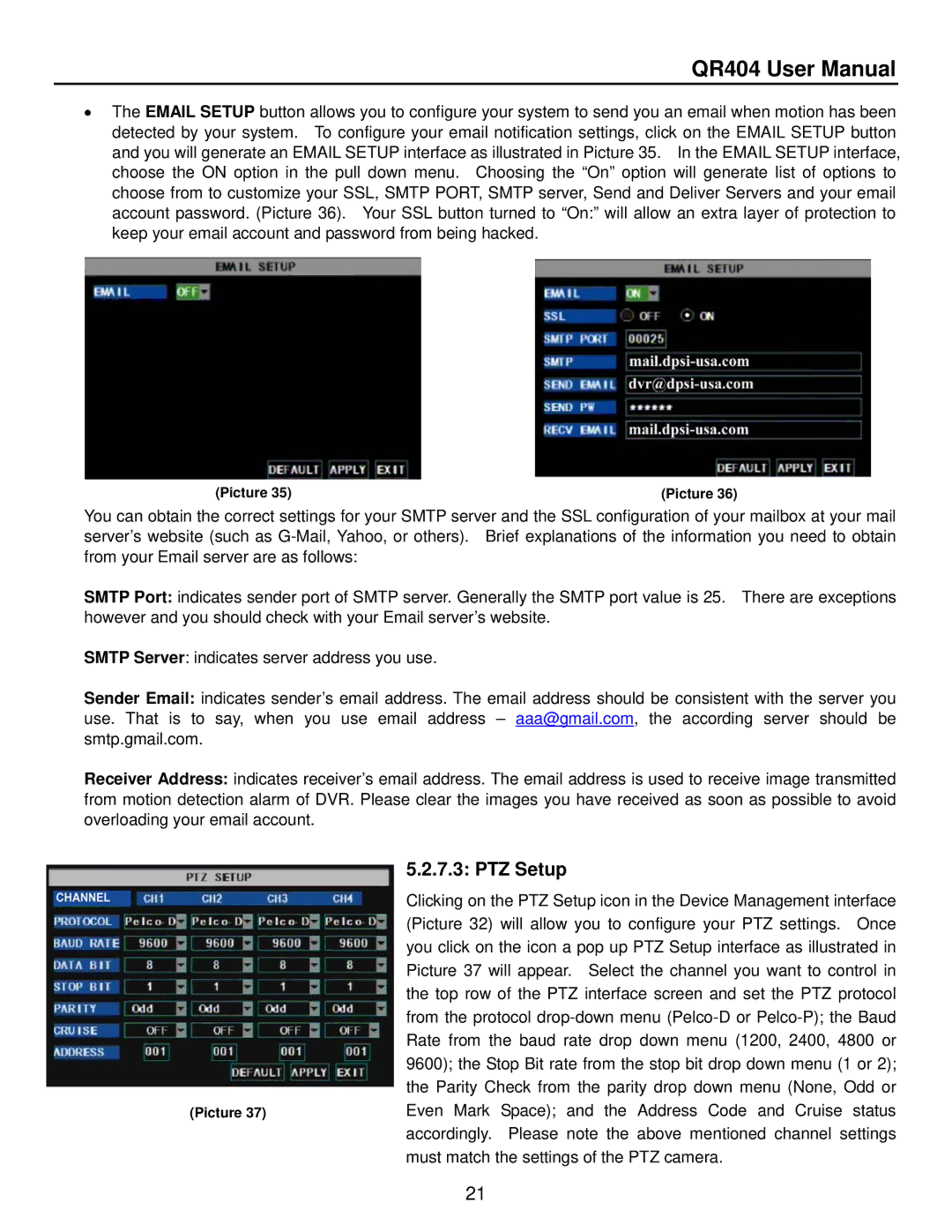 Q-See QR404 user manual PTZ Setup 