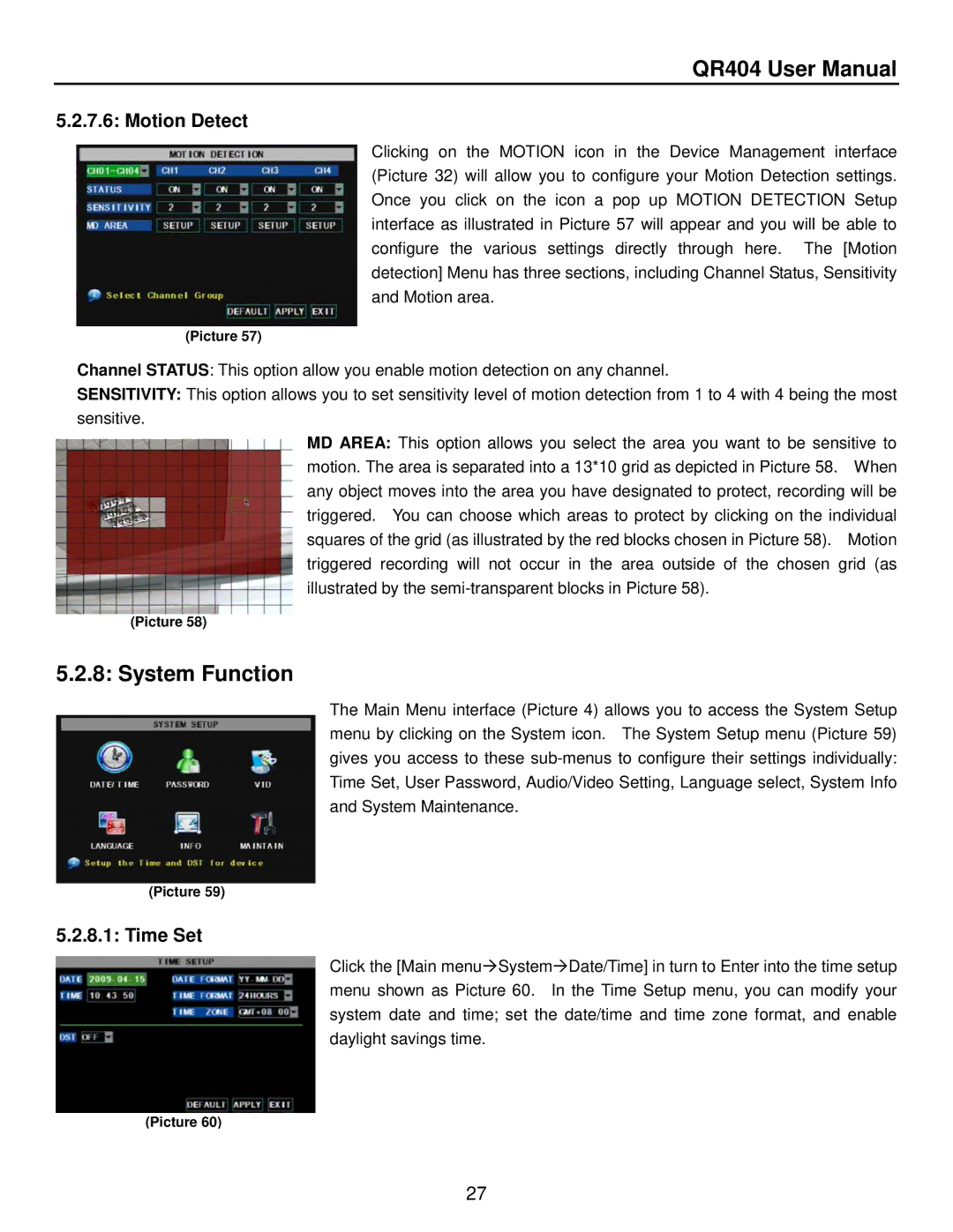 Q-See QR404 user manual System Function, Motion Detect, Time Set 