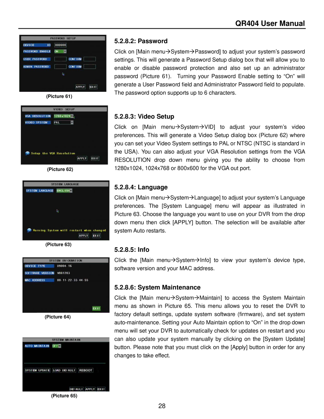 Q-See QR404 user manual Password, Video Setup, Language, Info, System Maintenance 