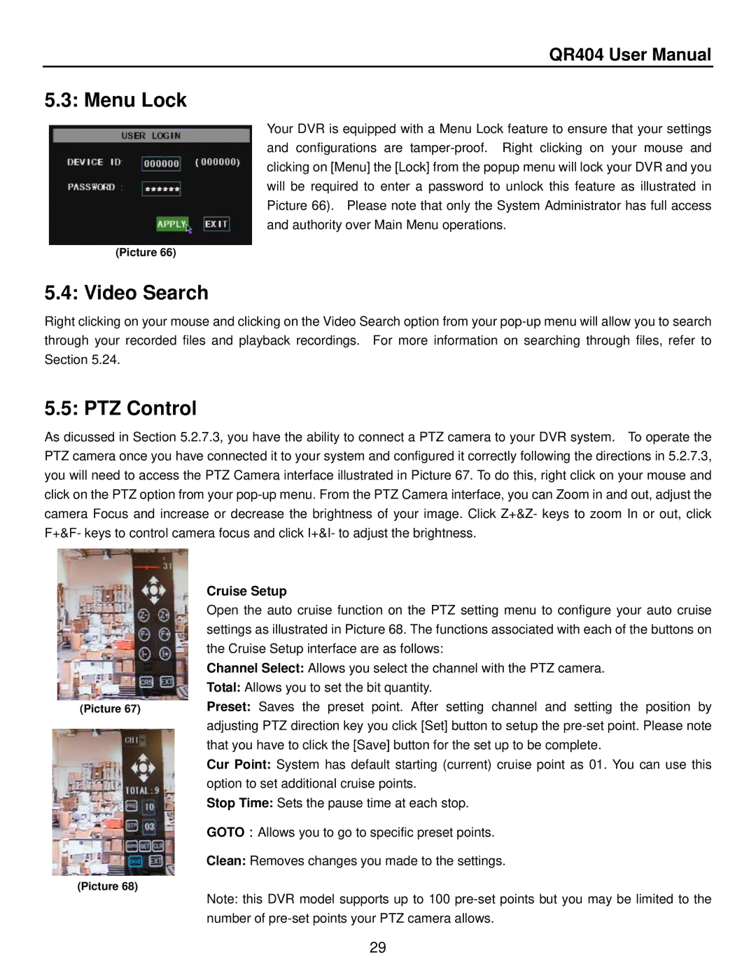 Q-See QR404 user manual Menu Lock, Video Search, PTZ Control, Cruise Setup 