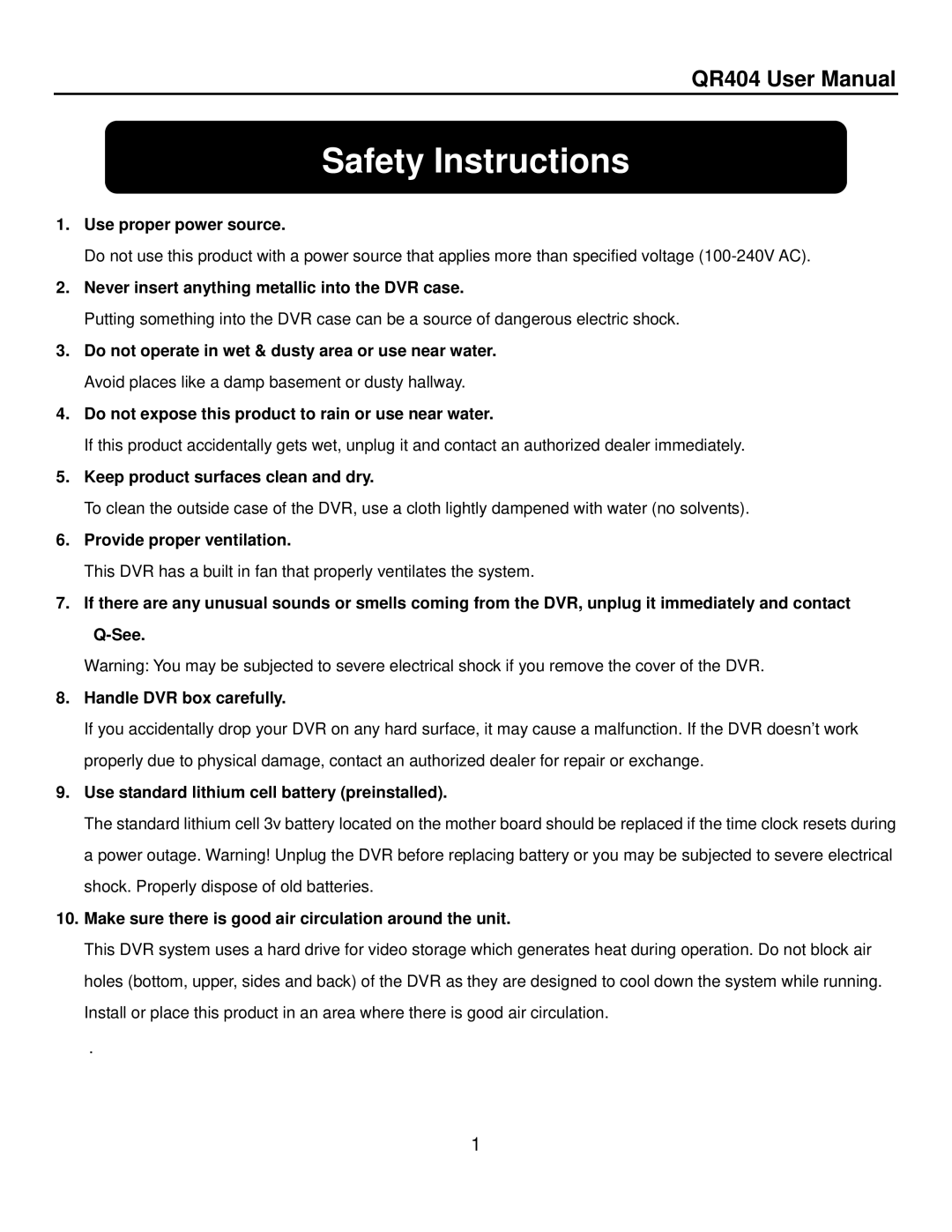 Q-See QR404 user manual Safety Instructions 