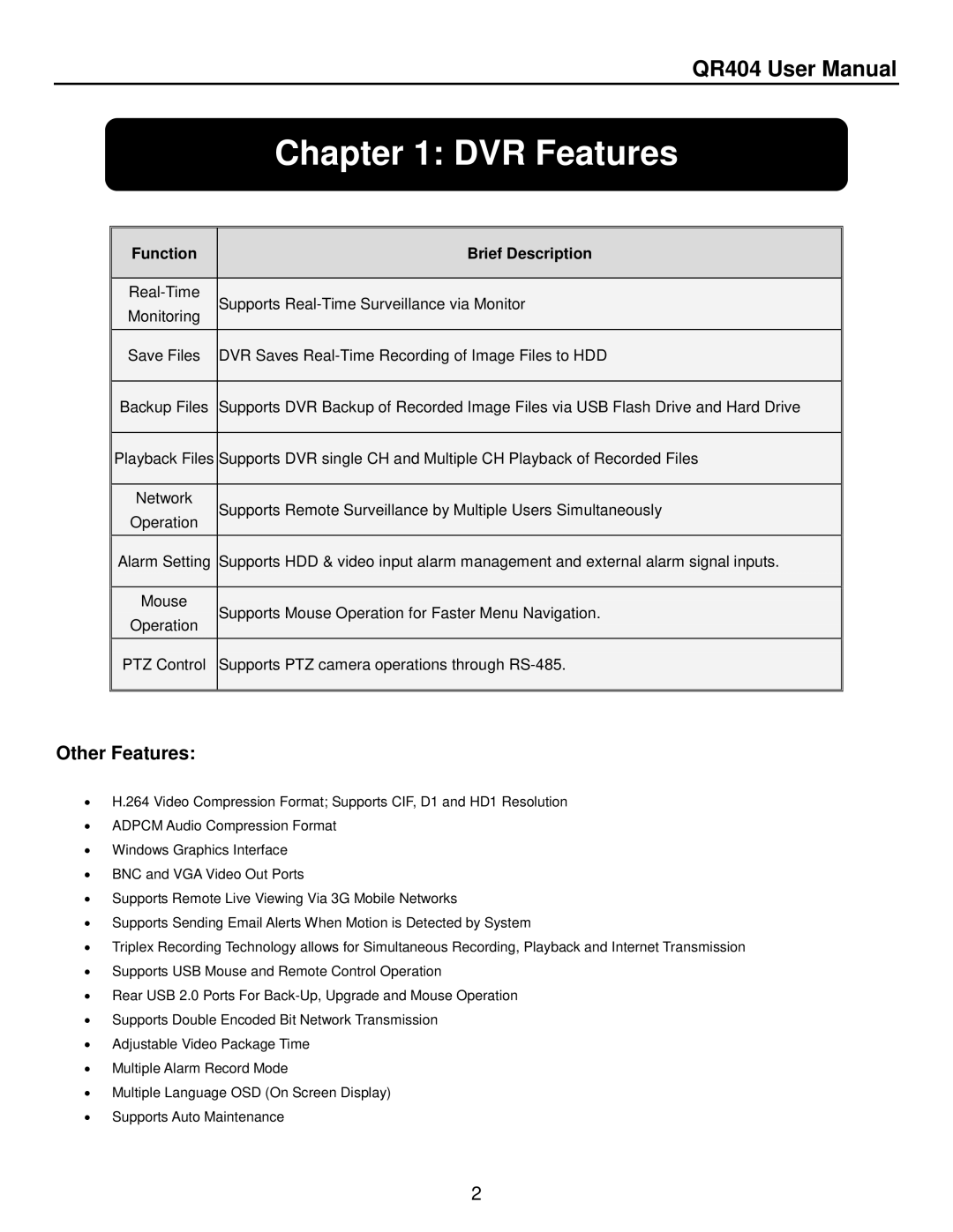 Q-See QR404 user manual DVR Features, Other Features 