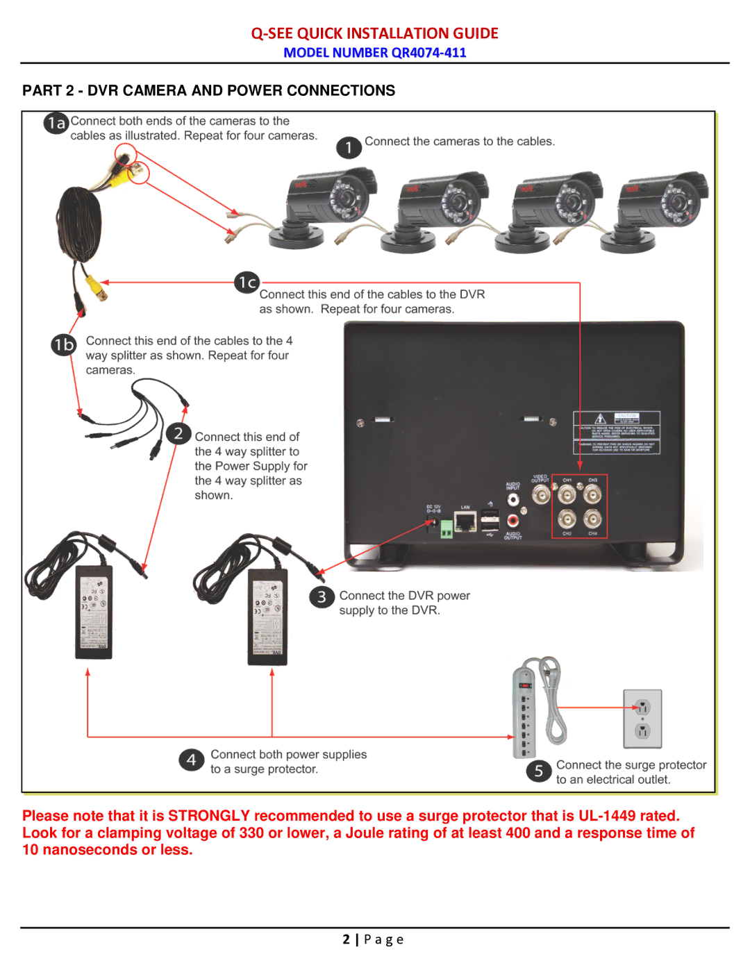 Q-See QR4074-411 manual Part 2 DVR Camera and Power Connections 