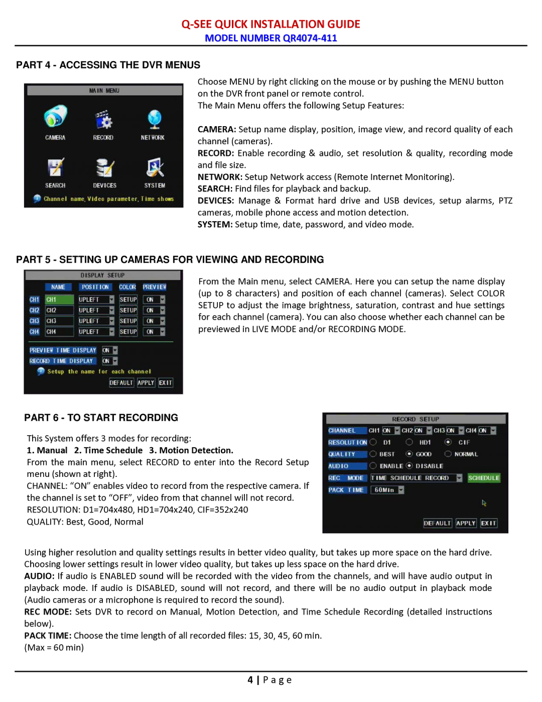 Q-See QR4074-411 manual Part 4 Accessing the DVR Menus, Manual 2. Time Schedule 3. Motion Detection 