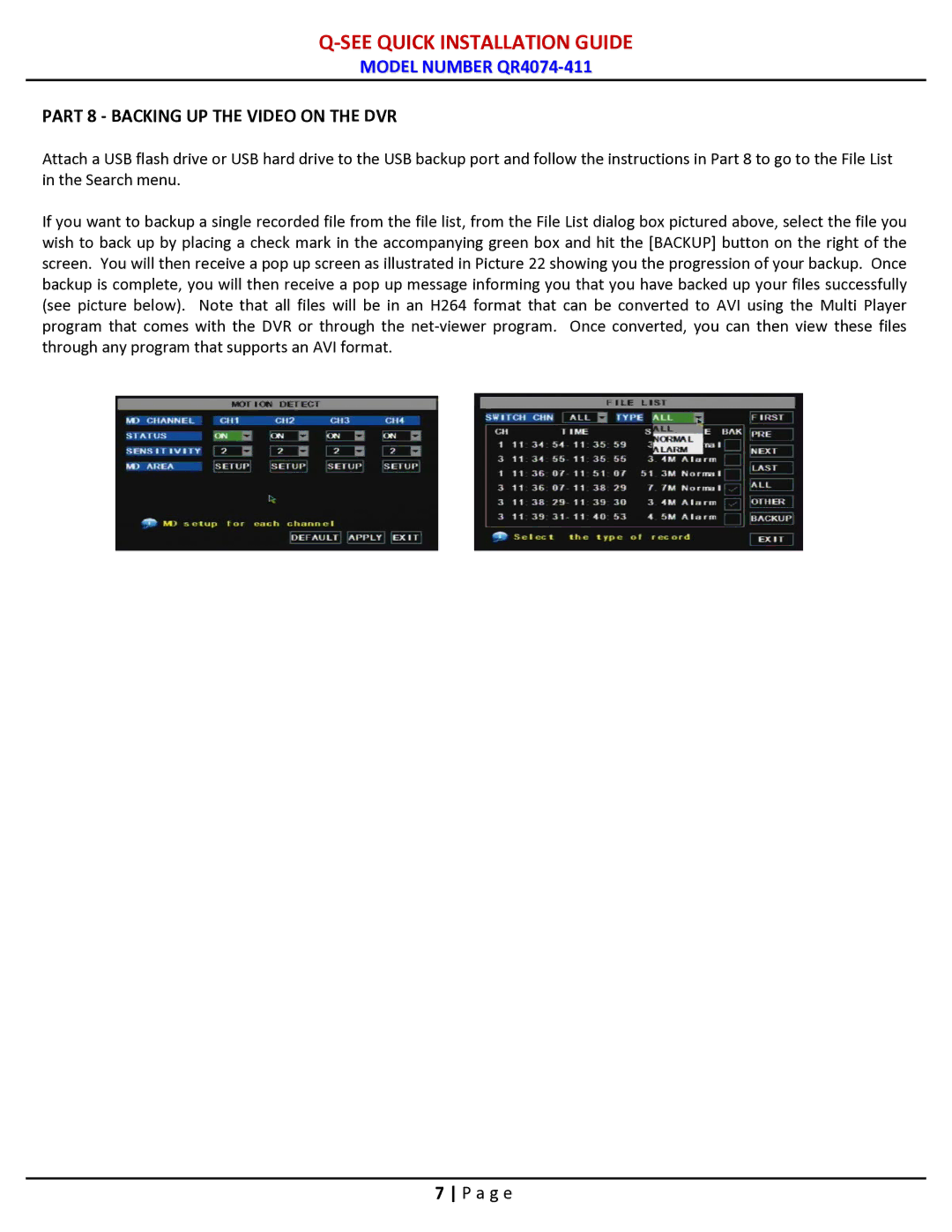 Q-See QR4074-411 manual Part 8 Backing UP the Video on the DVR 