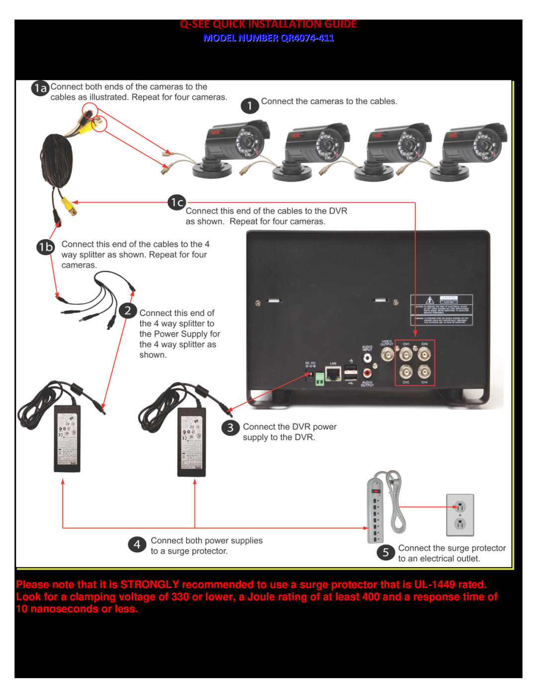 Q-See QR4074-411 manual PART 2 - DVR CAMERA AND POWER CONNECTIONS, P a g e, Q-Seequick Installation Guide 