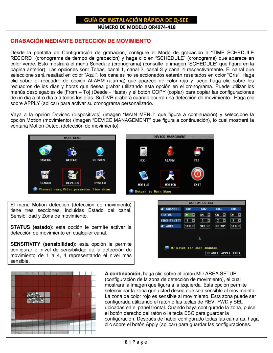 Q-See QR4074-418 setup guide Grabación Mediante Detección DE Movimiento 