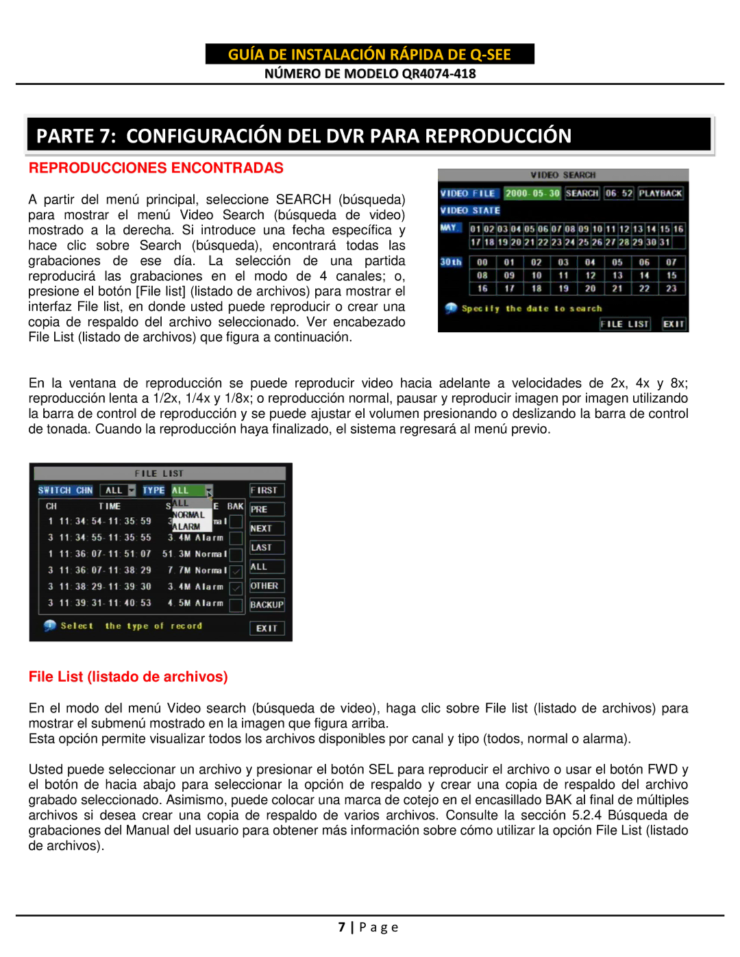 Q-See QR4074-418 setup guide Parte 7 Configuración DEL DVR Para Reproducción, Reproducciones Encontradas 