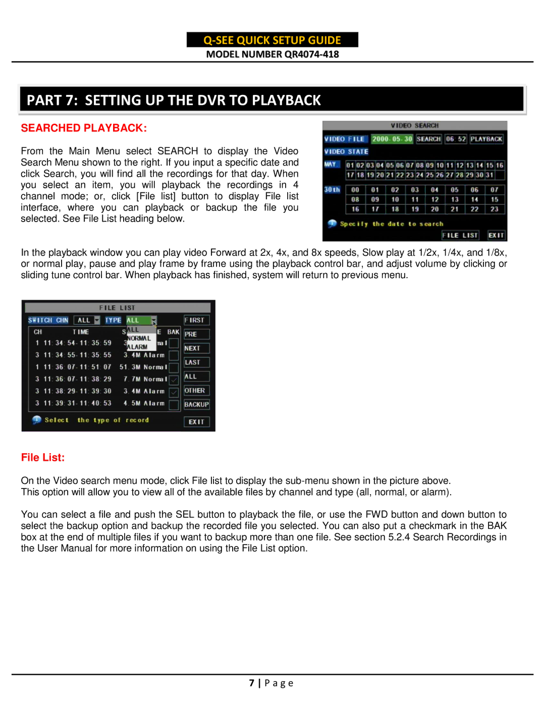 Q-See QR4074-418 setup guide Part 7 Setting UP the DVR to Playback, Searched Playback 