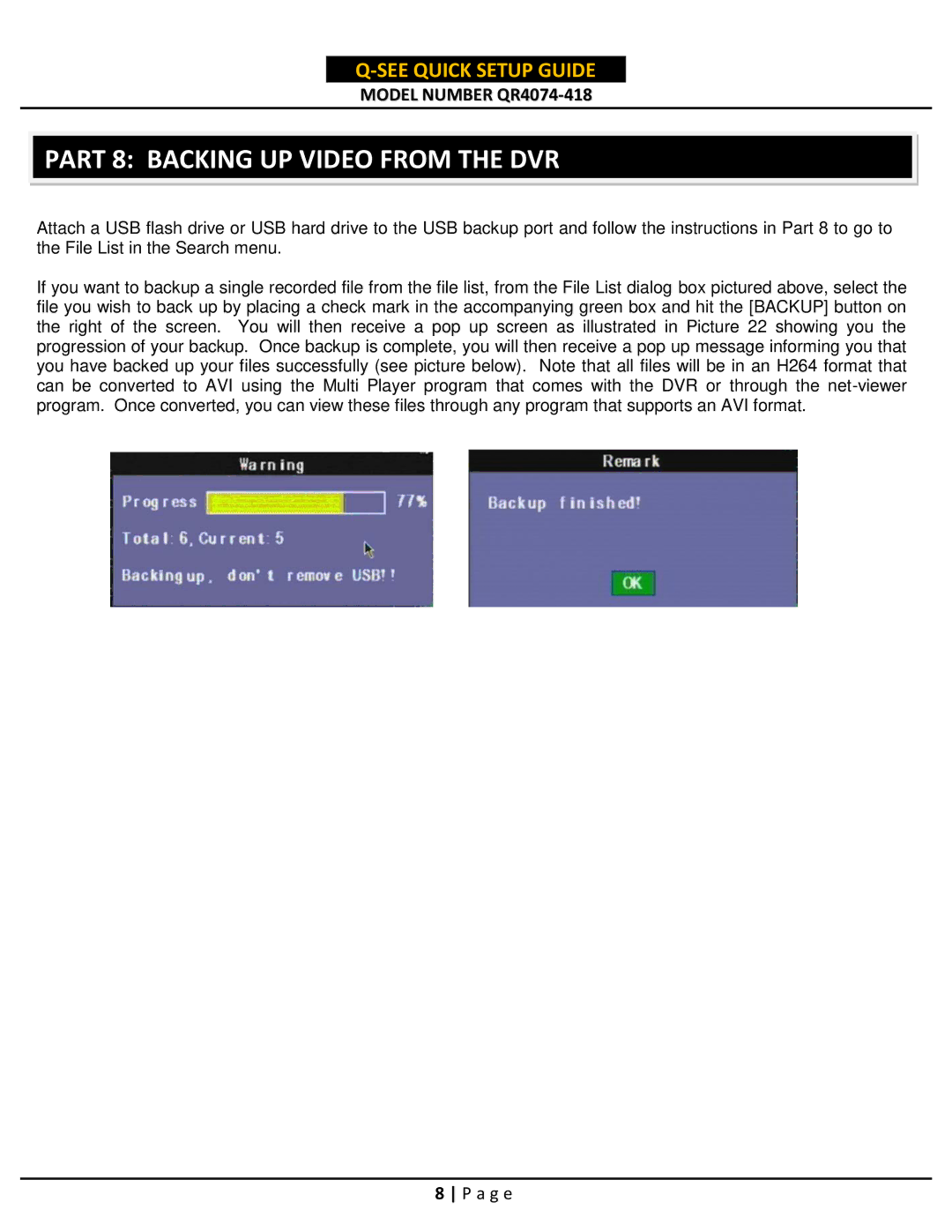 Q-See QR4074-418 setup guide Part 8 Backing UP Video from the DVR 