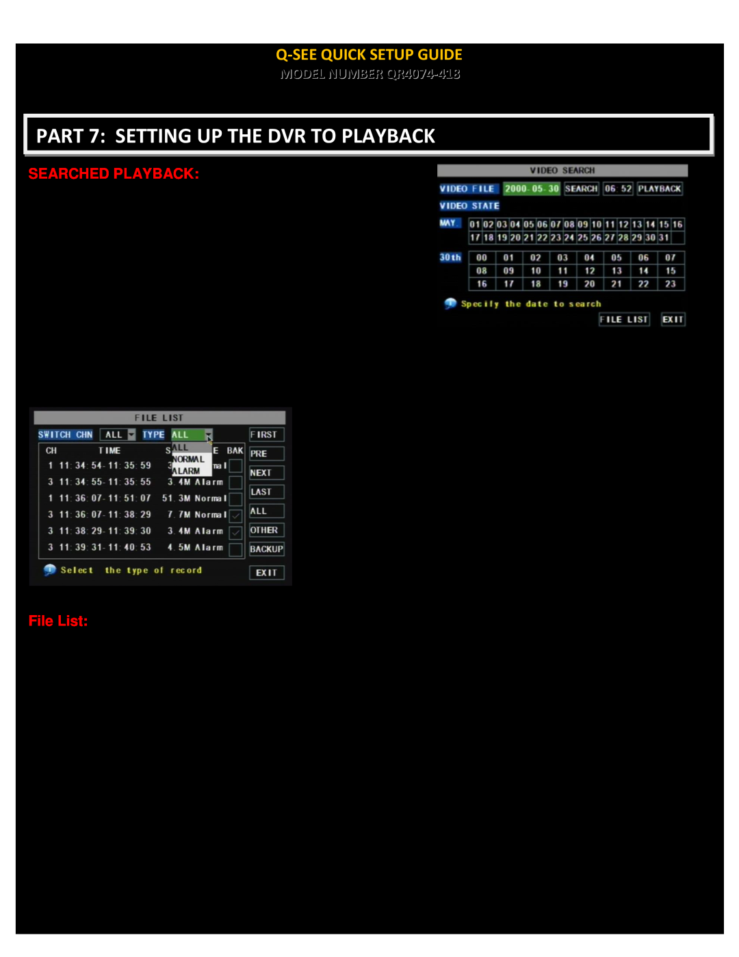Q-See PART 7 SETTING UP THE DVR TO PLAYBACK, Q-Seequick Setup Guide, MODEL NUMBER QR4074-418, Searched Playback 