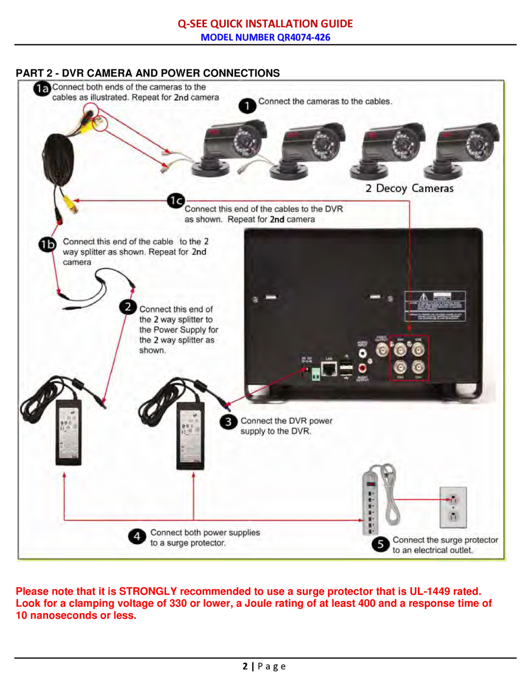 Q-See QR4074-426 manual Part 2 DVR Camera and Power Connections 