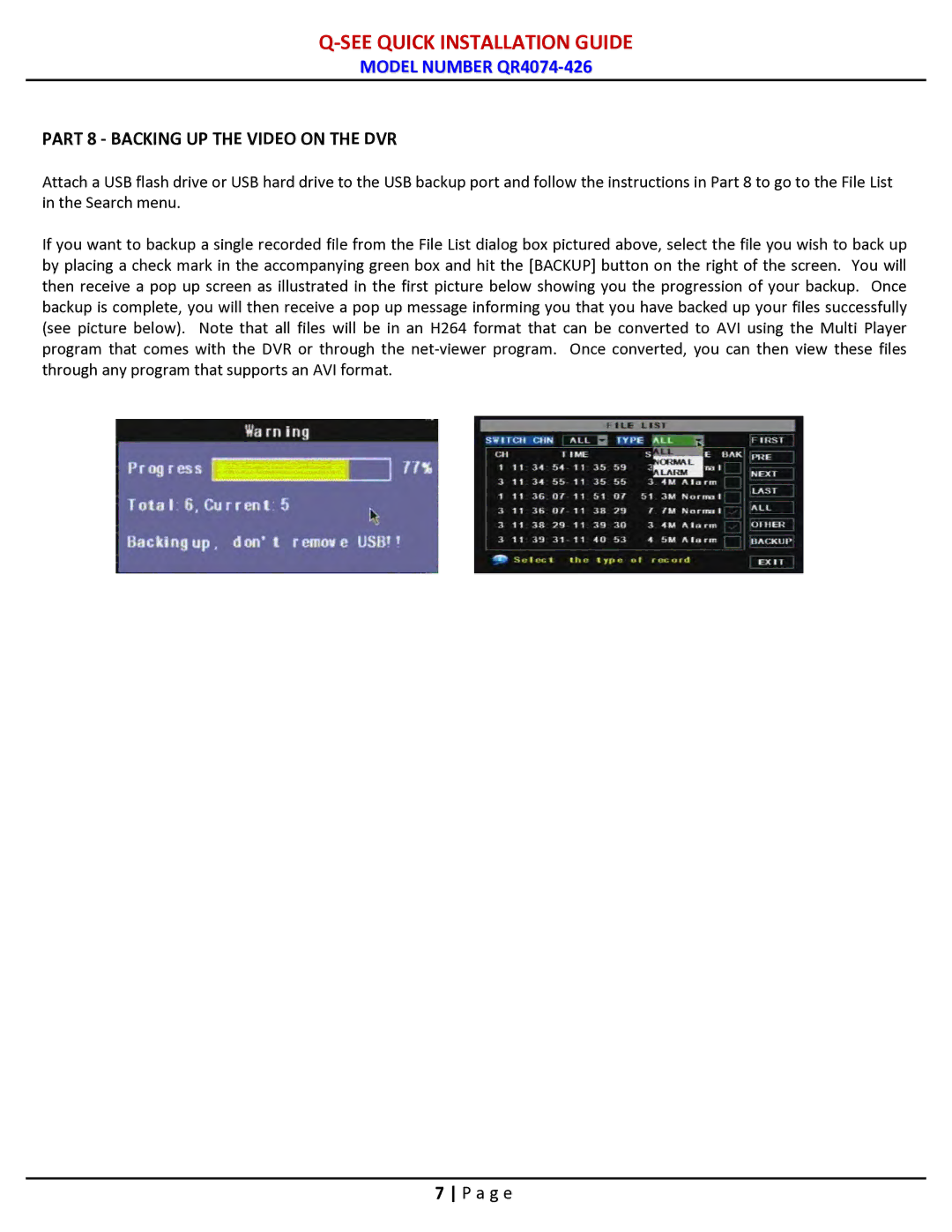 Q-See QR4074-426 manual Part 8 Backing UP the Video on the DVR 