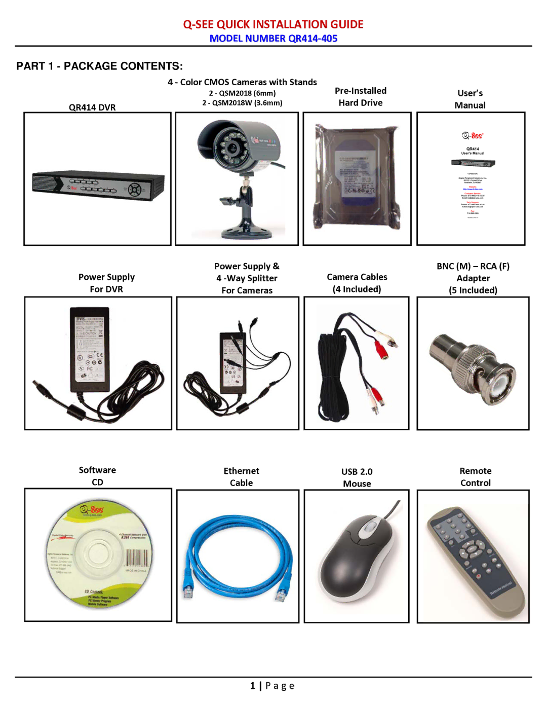 Q-See QR414-405 manual See Quick Installation Guide, Part 1 Package Contents 