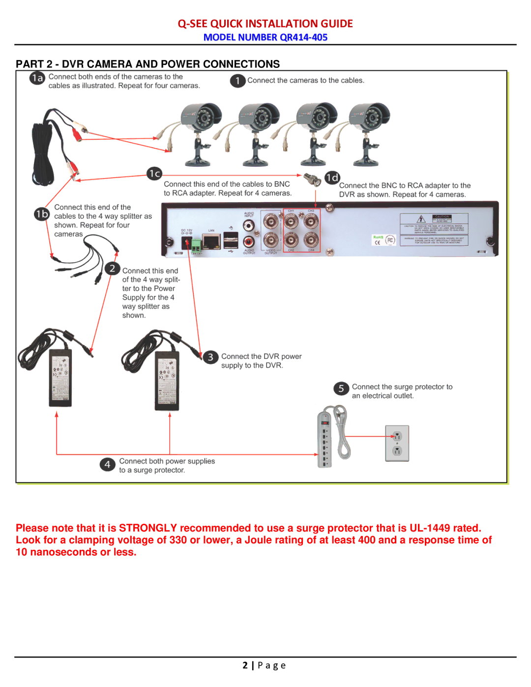 Q-See QR414-405 manual Part 2 DVR Camera and Power Connections 