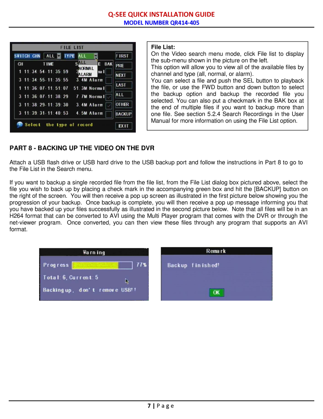 Q-See QR414-405 manual Part 8 Backing UP the Video on the DVR, File List 