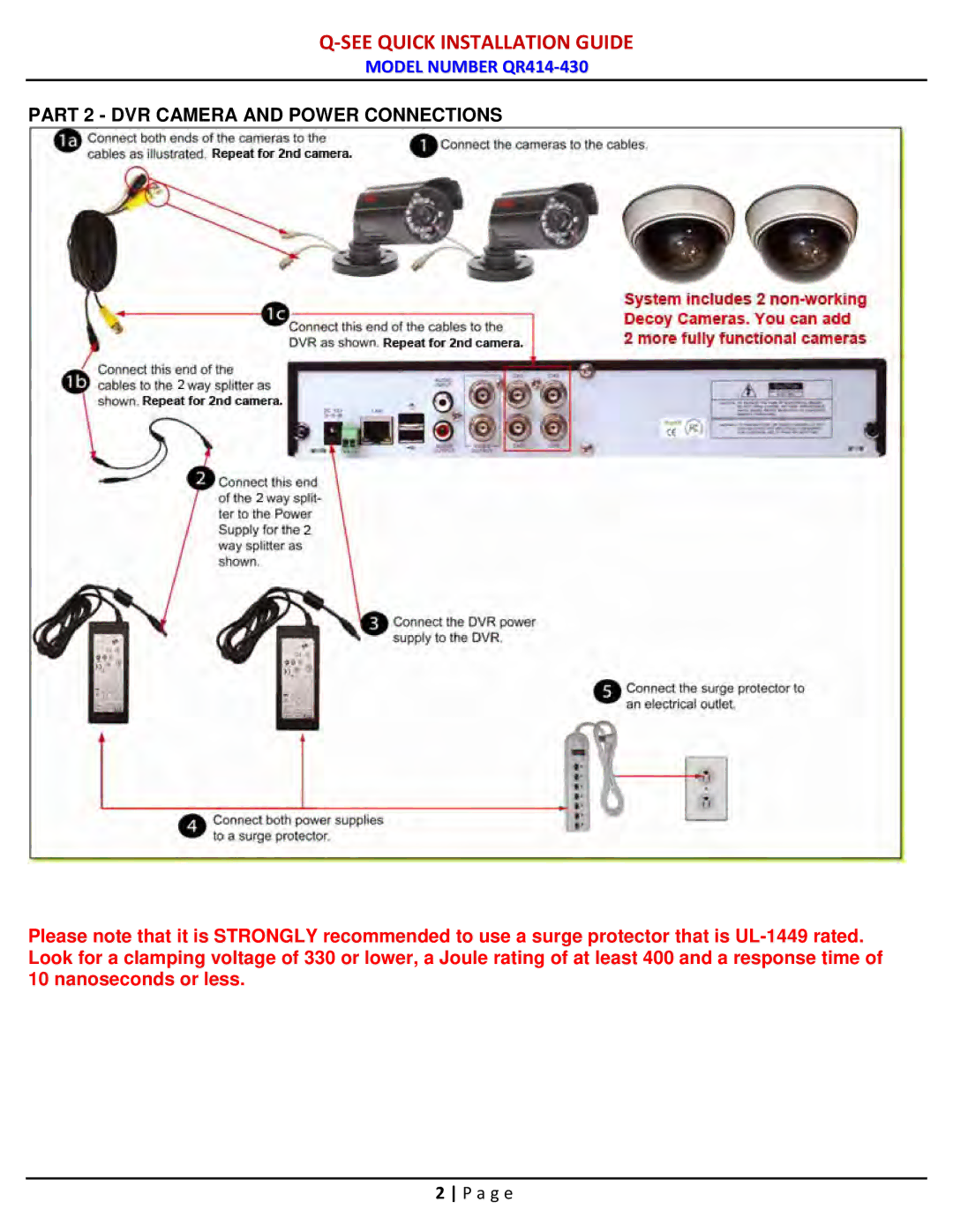 Q-See QR414-430 manual Part 2 DVR Camera and Power Connections 