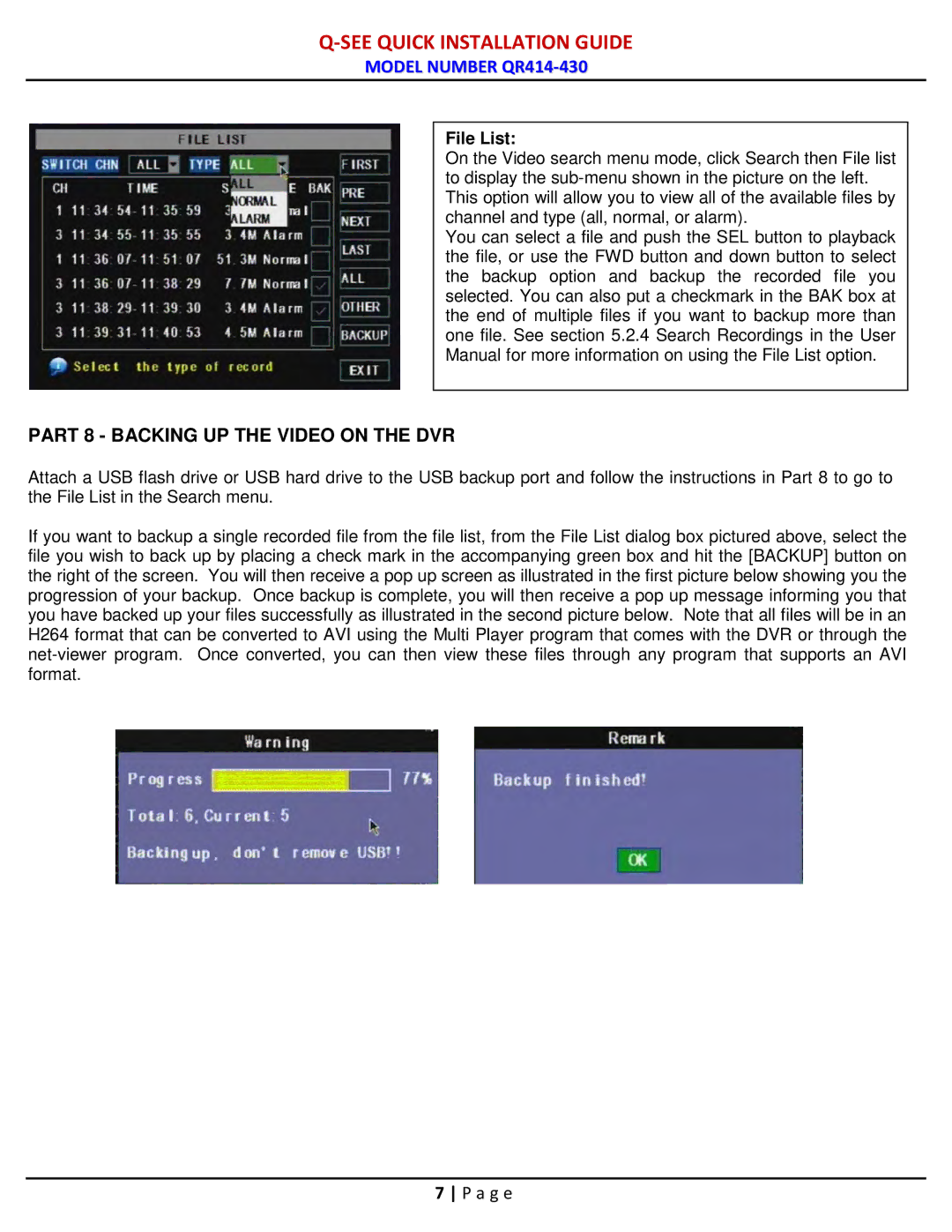 Q-See QR414-430 manual Part 8 Backing UP the Video on the DVR, File List 